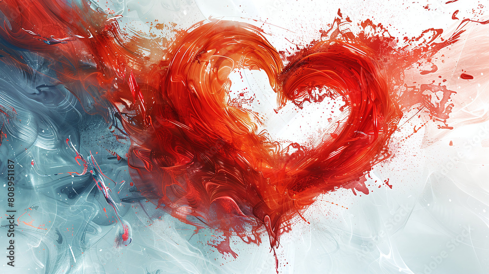 Red Heart Shape Swirling in Blue and White Abstract Background Art