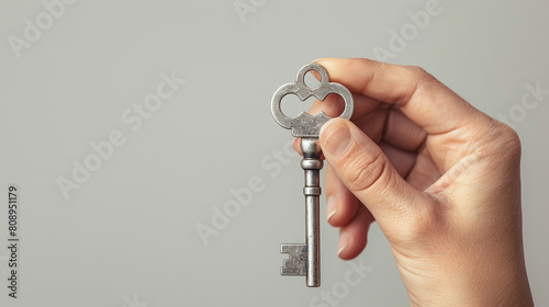 Hand Holding Antique Silver Key on Neutral Gray Background Symbolizing Security and Access