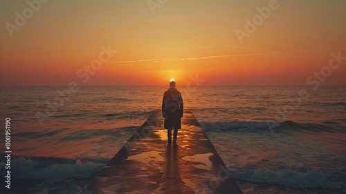 Sunset Pier Walk Silhouette Man Sea Horizon Reflection Orange Sky Waves