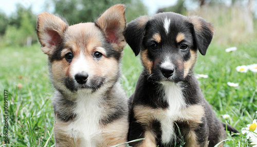 A collection of puppies seated together on a grassy field  backed by a fence