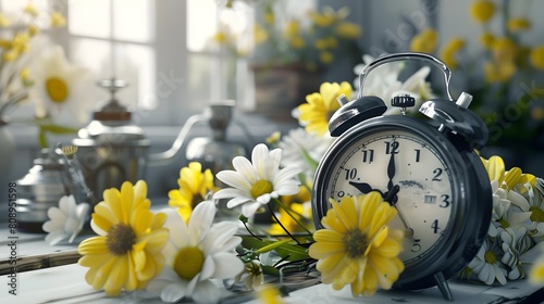 Intricate Mechanism of a Clock Amidst Yellow and White Flowers A Study in Time and Precision Generative ai photo