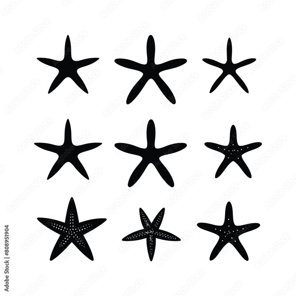 Printstarfish silhouette set Clipart on a white background Printstarfish silhouette set Clipart on a white background