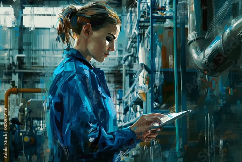 focused woman in blue uniform using tablet in industrial setting digital painting