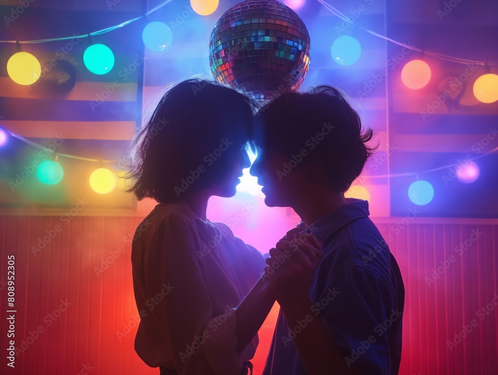 A couple is dancing in a room with colorful lights. Scene is romantic and fun