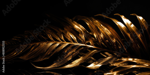 Golden Palm Tree Leaf on Black Background. Abstract Black Gold Background, copy space