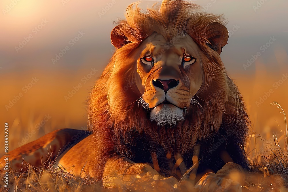 Obraz premium Lion resting in savannah at sunset. Amidst the hushed serenade of the savannah, the lion finds solace, embracing the stillness of the evening.