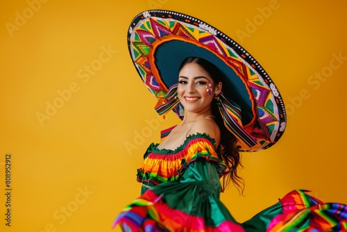 A girl wearing a big hat and traditional Mexican clothing dances and smiles on a yellow background