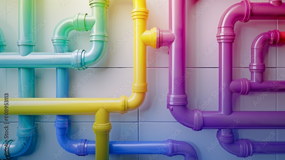 Colorful plastic pipes on the wall in the bathroom Colorful plastic pipes on the wall in the bathroom