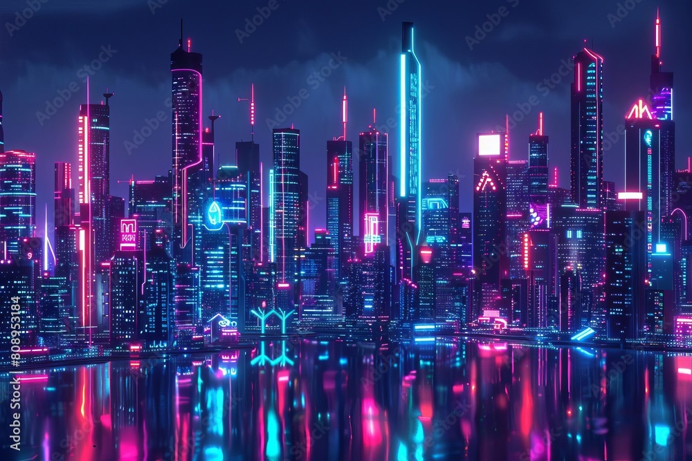 futuristic neon cityscape at night cyberpunk 3d illustration