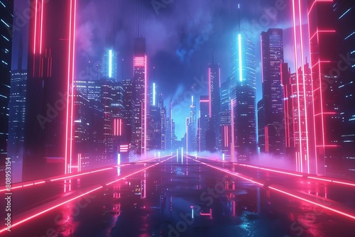 futuristic neon cityscape at night cyberpunk 3d illustration