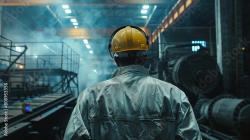 Rear view of factory worker in safety suit and yellow hardhat standing in front of industrial equipment