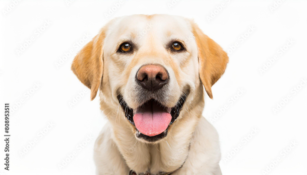 Portrait of a blond labrador retriever dog looking at the camera with a big smile isolated on a white background