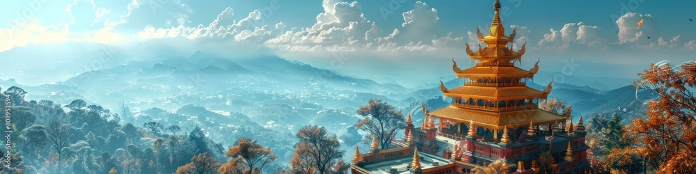 Majestic Gilded Buddhist Temple Atop Misty Mountain Landscape in Thailand