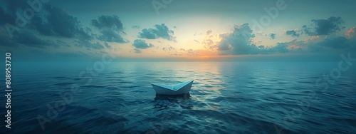 A serene ocean view with a tiny paper boat sailing alone in the vast expanse.