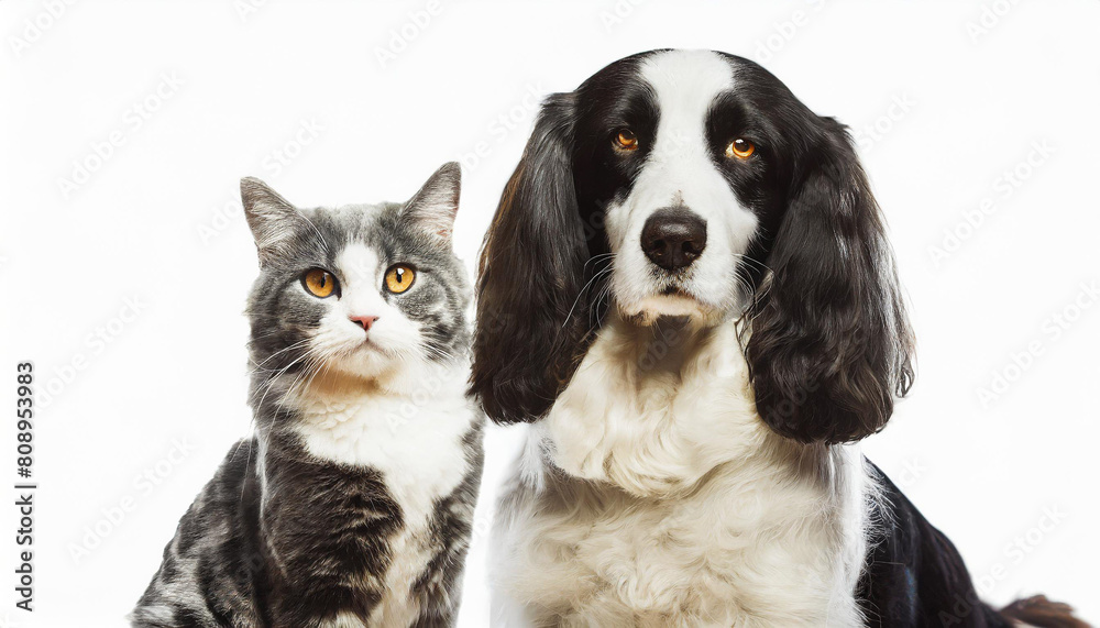 Portrait of a dog Spaniel and cat Scottish Straight isolated white background. Portrait of a dog Spaniel and cat Scottish Straight isolated white background.