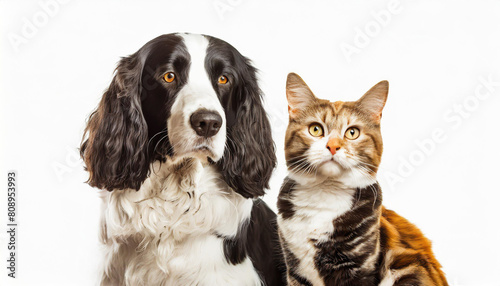 Portrait of a dog Spaniel and cat Scottish Straight isolated white background. © netsay
