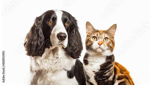 Portrait of a dog Spaniel and cat Scottish Straight isolated white background.