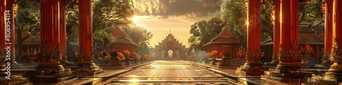 Magnificent 3D Rendered Ancient Buddhist Temple at Sunset in Thailand with Ornate Architecture and © Sittichok