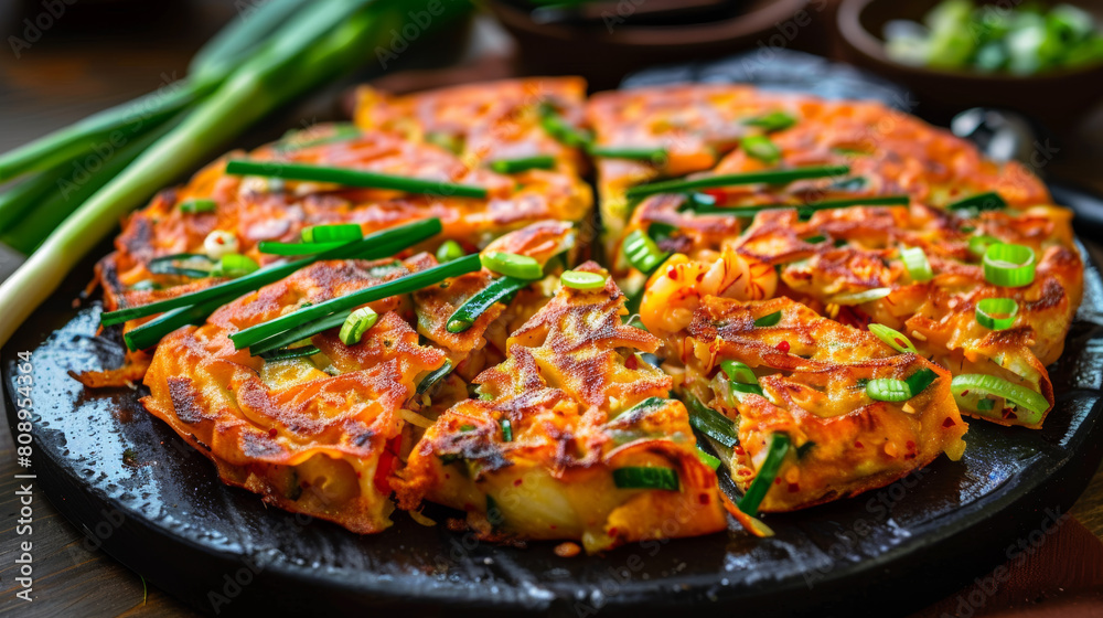 realistic photo of a beautifully arranged Korean seafood pancake, Haemul Pajeon, with green onions and seafood visible, vibrant and colorful, crispy texture realistic photo of a beautifully arranged Korean seafood pancake, Haemul Pajeon, with green onions and seafood visible, vibrant and colorful, crispy texture