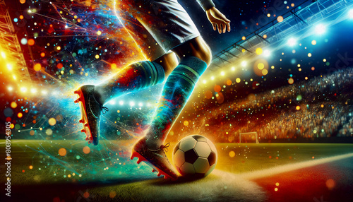 Beine eines Fußballspielers am Ball im beleuchteten Stadion, copy space