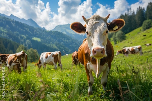 happy cows grazing on lush green meadow in idyllic farm setting aigenerated image
