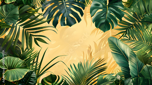 Vibrant painting features tropical leaves on a sunny yellow backdrop