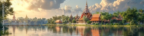 Majestic Buddhist Temple Reflected in Tranquil Lake at Sunset in Thailand