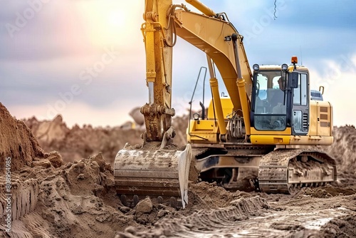 heavy machinery excavator digging soil at construction site industrial foundation work