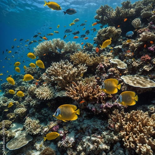 Underwater Diversity  Highlight the incredible diversity of marine life with a close-up image of a vibrant coral reef bustling with activity  showcasing a variety of fish  crustaceans  and other sea c