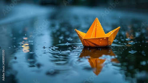 A simple paper boat floating in a rain puddle. photo