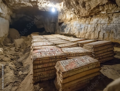 A pile of old books with red writing on them. The books are stacked on top of each other in a cave photo