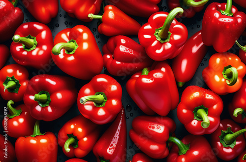 Vibrant Red Peppers Covered in Refreshing Water Droplets, Fresh and Crisp Farm Harvest © Svetlana
