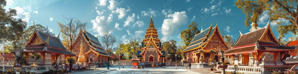 Magnificent Wat Phra That Phanom Temple Amid Lush Foliage and Serene Sky