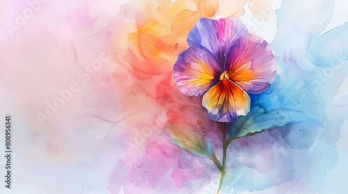 With gentle strokes, the Pansy flower blooms on the canvas in watercolor, its cheerful countenance and vibrant colors evoking a sense of whimsy and joy. photo