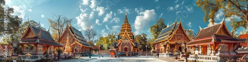 Magnificent Wat Phra That Phanom Temple Amid Lush Foliage and Serene Sky photo