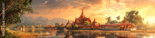 Magnificent Floating Palace at Dusk Stunning Aerial View of Iconic Thai Buddhist Temple Complex