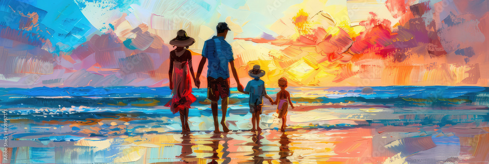 family walking on the beach, in style of a painting family walking on the beach, in style of a painting