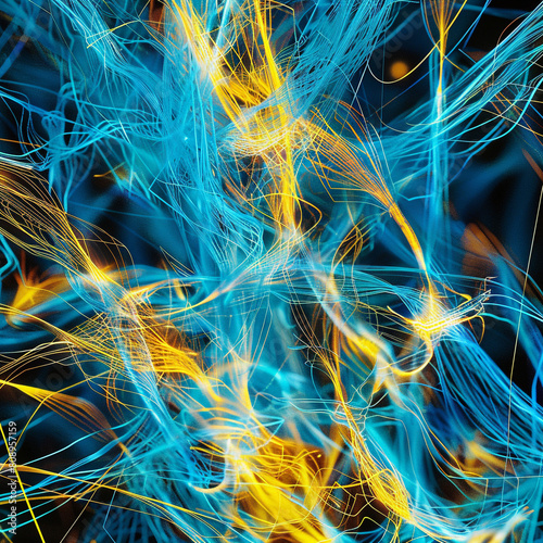 High-tech communication visualized as a network of electric blue and sunflower yellow threads in a dynamic display. photo