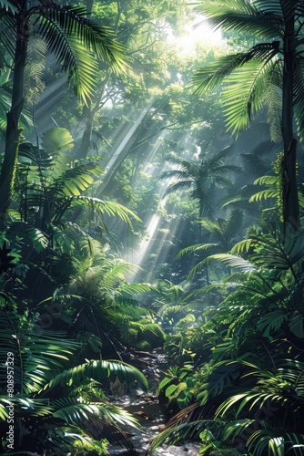 Rich Jungle Ecosystem with Verdant Ferns  Towering Trees  and Diverse Fauna