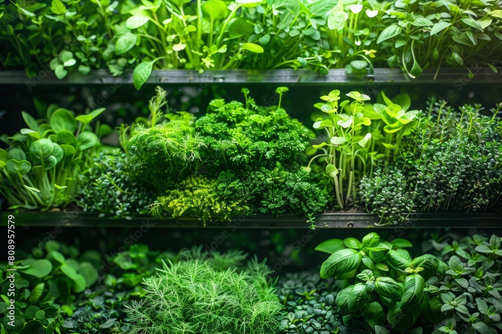 Lush indoor herbal garden with diverse plants on lit shelves. Close-up photography. Urban agriculture and green living concept. Generative AI