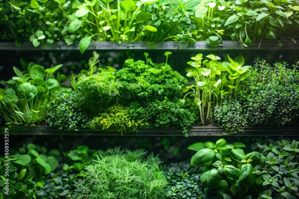 Lush indoor herbal garden with diverse plants on lit shelves. Close-up photography. Urban agriculture and green living concept. Generative AI Lush indoor herbal garden with diverse plants on lit shelves. Close-up photography. Urban agriculture and green living concept. Generative AI