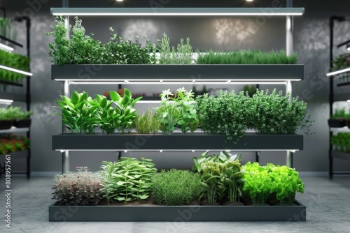 Modern indoor hydroponic garden with assorted plants on illuminated shelves. Studio photography. Urban agriculture and eco-friendly design concept. Generative AI photo