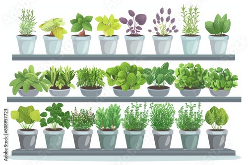 Assorted potted herbs on shelves. Digital illustration. Indoor gardening and herbal cooking concept. Design for kitchen decor, educational materials, and plant care guides