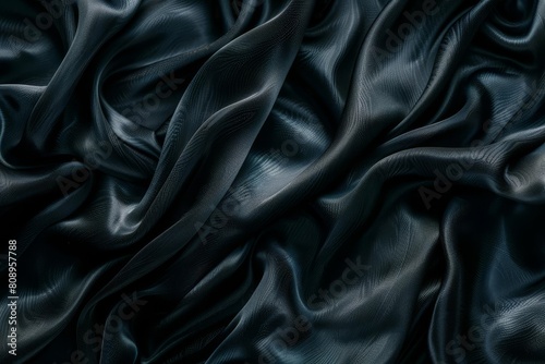 luxurious black satin fabric texture with soft wavy patterns abstract background