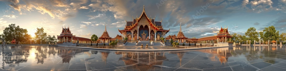 Magnificent Wat Phra That Nong Bua Temple Reflecting in Serene Waters at Sunset in Thailand