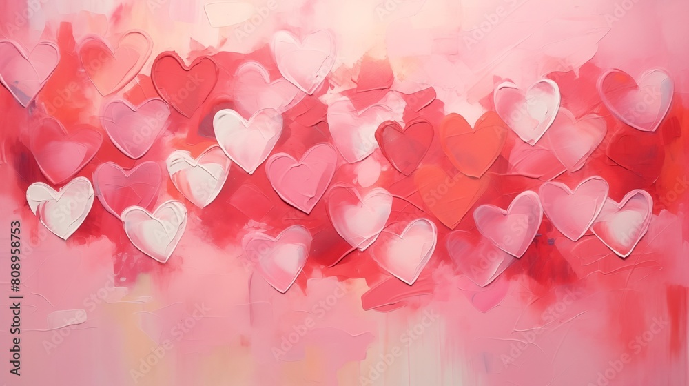 An abstract canvas painting with floating hearts in shades of pink and red. An abstract canvas painting with floating hearts in shades of pink and red.