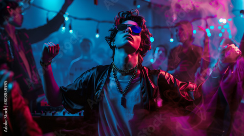 A man is dancing in a club with smoke and lights in the background