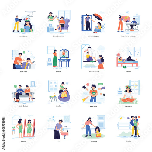 Collection of 16 Mental Health Flat Illustrations 

