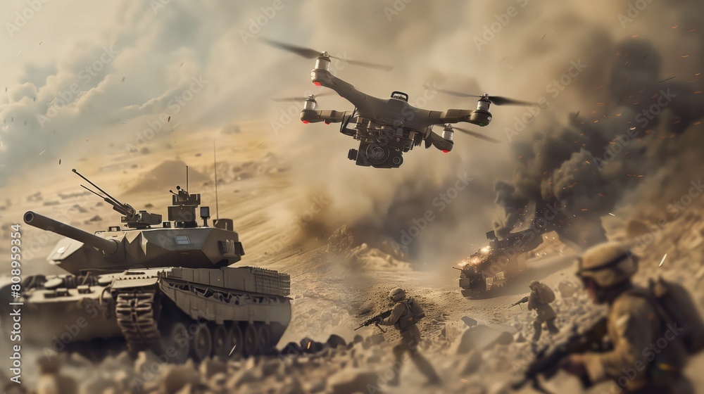 Unmanned Aerial Object. Drone quadrocopter, used in support of war. Tanks soldiers on the battlefield