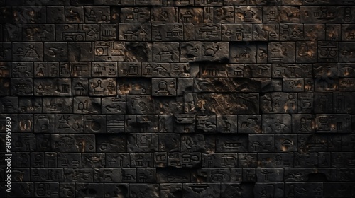 Cuneiform or Egyptian hieroglyphs of Ancient civilization carved on dark stone wall. Undeciphered signs like Sumerian and Babylonian writing. Concept of mystery, old script, puzzle.